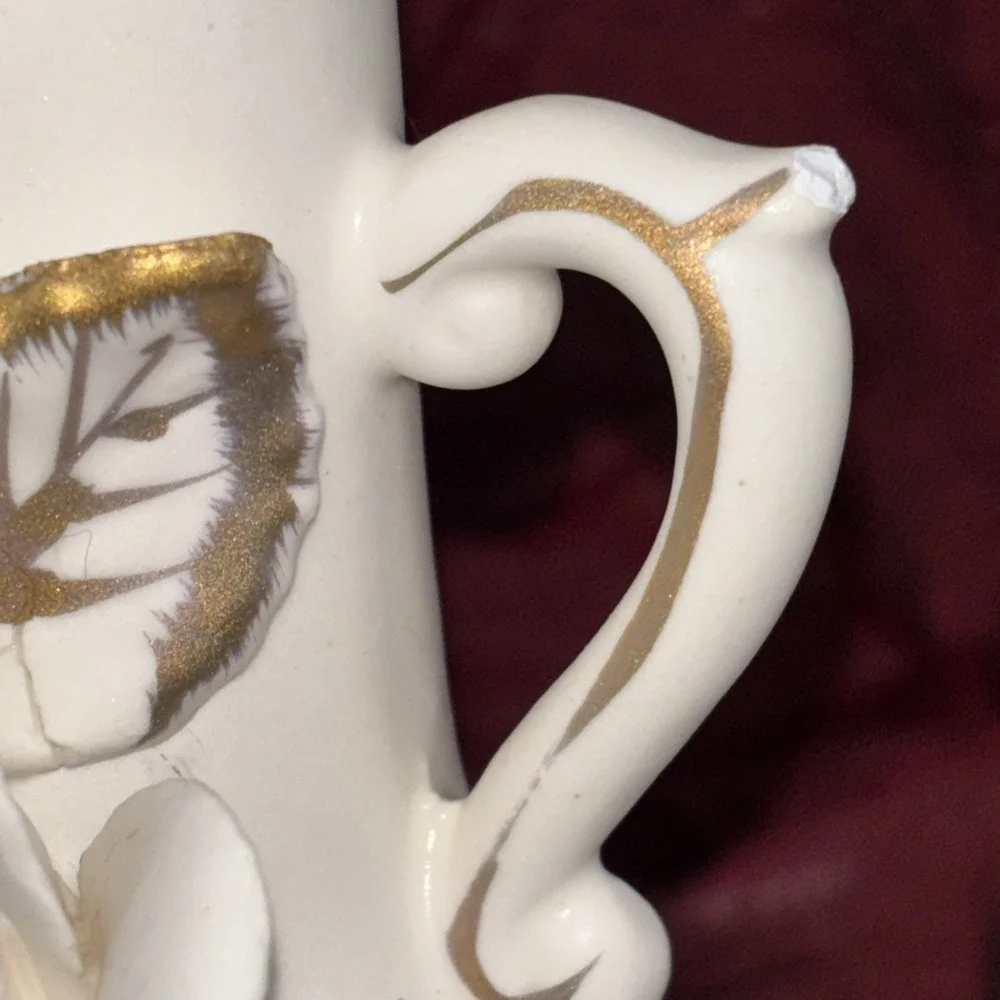 Vintage Wales White Bisque Bud Vase With Applied Roses Handles Brushed Gold EUC